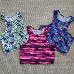 EUC 3 Strappy Back Crop Tank Tops Sz L Neon Palm